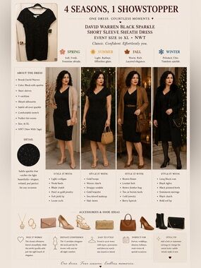 Black Sparkle Short Sleeve Sheath Dress by David Warren event size 16 XL NWT